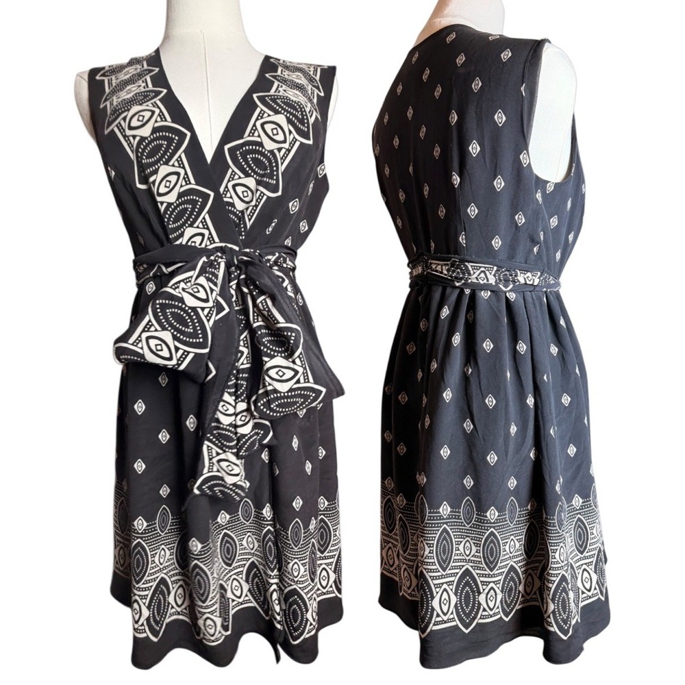 Anna Sui 100% Silk Wrap Dress M Black Ivory Tie Waist Mini